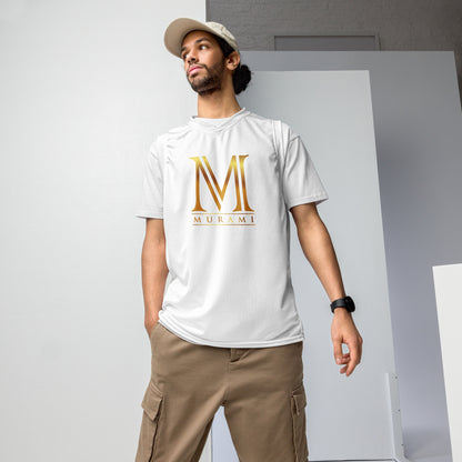 Male model wearing Murami gold jersey - white edition